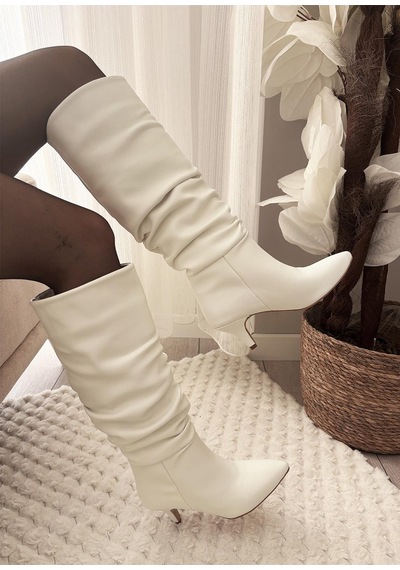 Asmi Shoes Kadın Oslo Topuklu Körüklü Şık Tarz Günlük Rahat Çizme Beyaz Beyaz
