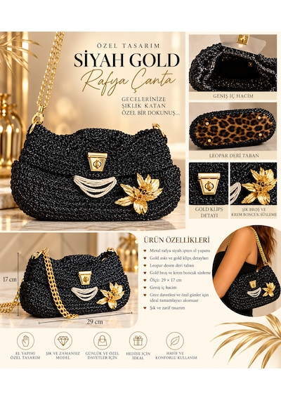 Firuloop Siyah Gold Metal Rafya Çanta