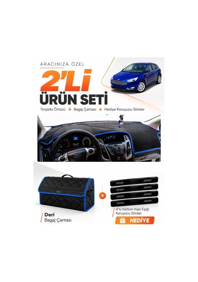 Ford Focus 3 2011-2016 Uyumlu Torpido Örtüsü + Deri Bagaj Çantası + Sticker Seti - Siyah Mavi