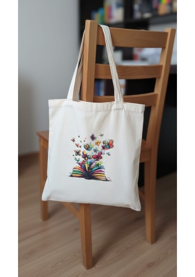 Nova Design Kitap Ve Kelebekler Baskılı Bez Torba Çanta Krem