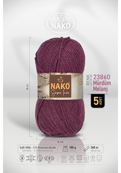 Süper İnci - 23860 Mürdüm Melanj- 5'li Paket - 100gr/260m - El Örgü İpi - Atkı Yelek Kazak İpi
