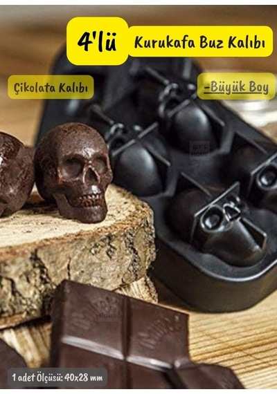 4 Lü Kuru Kafa Buz Kalıbı Silikon Kurukafa Çikolata Kalıbı Siyah 40x28 Mm Siyah