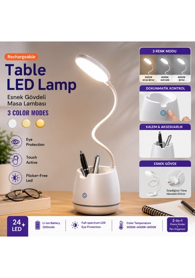 Şarjlı Led Masa Lambası 3 Işık Modlu Dokunmatik Esnek Gövdeli Kalemlikli Beyaz