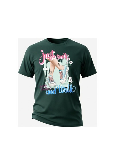 Urbantrendstore Just Smile And Walk Genç Kız Oversize Fit Rahat Geniş Salaş T-shirt Günlük Tişört Zümrüt Yeşili