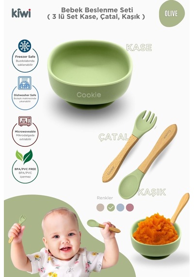 Kiwi 3 Parça Kase Çatal Kaşık Beslenme Seti - Doğal Silikon Bpa İçermez- Olive