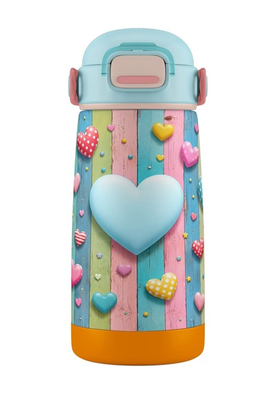 Puccon 420 Ml Turkuaz Pembe Kız Çocuk Kalp Desenli Çelik Matara - 60012