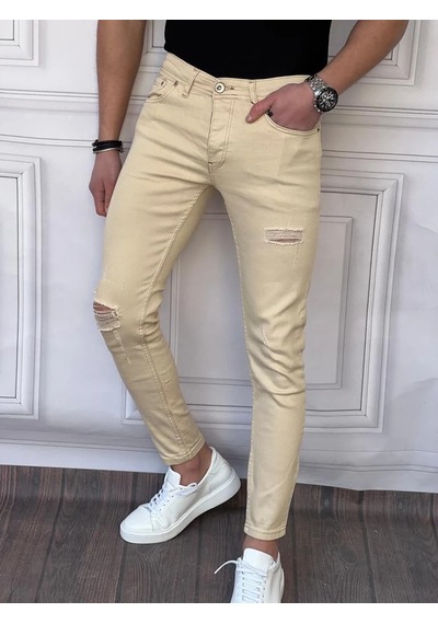 Modefendi Skinyfit Yüksek Kalite Likralı Diz Yırtık Detaylı Kot Pantolon Bej
