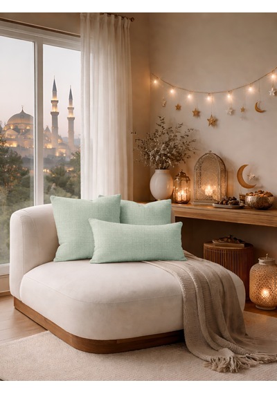 Br Perle Yeşil Keten Dokulu Dekoratif Kırlent Kılıfı Modern Salon Koltuk Yastığı