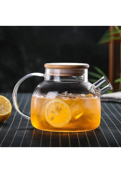 Toptanfoni 1000 Ml Bambu Kapaklı Isıya Dayanıklı Cam Bitki Çayı Demliği Cam Sürahi Şeffaf