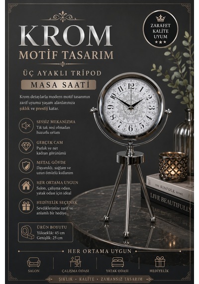 Krom Motif Tasarım Üç Ayaklı Metal Masa Saati