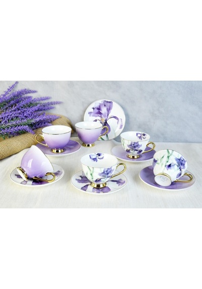 Paçi Orchid Çiçekli Yaldızlı 6 Kişilik Kahve Takımı Mor