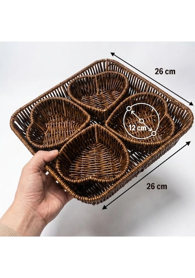 5 Parça,4 Kalp Formlu Plastik Rattan Sunum Ve Kahvaltı Seti-bölmeli Çerezlik Ve Meyvelik-doğal Hasır Görünümlü