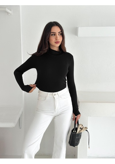 Kadın Yarım Balıkçı Yaka Parmak Geçmeli Full Likralı Buzz Body Siyah