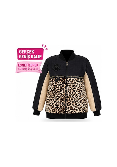 Büyük Beden Çiçek Motifli Leopar Desenli Peluş Detaylı Cepli Fermuarlı Kadın Mont