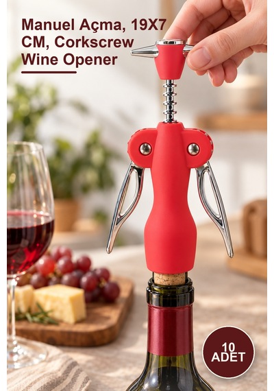 10 Adet Paslanmaz Çelik Tirbuşon Şarap Açacağı Alk20 Manuel Açma, 19x7 Cm, Corkscrew Wine Opener