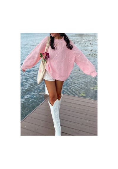 Sayzen Your Shine Selanik Örgülü Oversize Bisiklet Yaka Oversize Kadın Kazak Pembe Sayzen Your Shine Selanik Örgülü Oversize Bisiklet Yaka Oversize Kadın Kazak Pembe