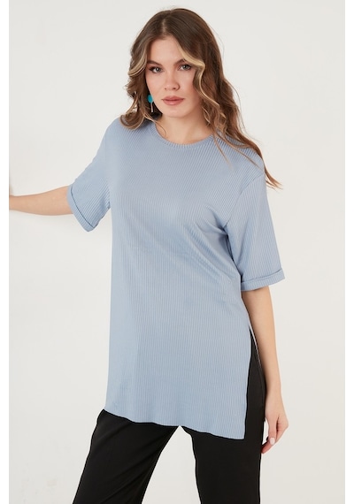 Lela Oversize Bisiklet Yaka Yırtmaç Detaylı Bayan Bluz 5863683 Bebe Mavi
