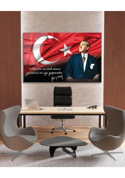 Atatürk Portre Cam Tablo Vatanını En Çok Seven Görevini En İyi Yapandır Kurum Hediyelik Büyük Tablo