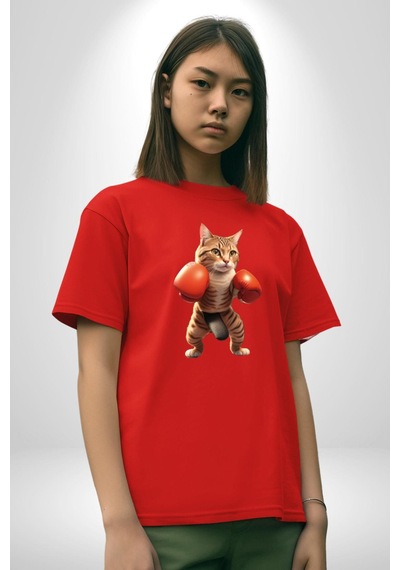 Boks Yapan Kedi Pamuklu Bisiklet Yaka Unisex Oversize Boyfriend Dijital Baskılı Kırmızı T-shirt Kırmızı