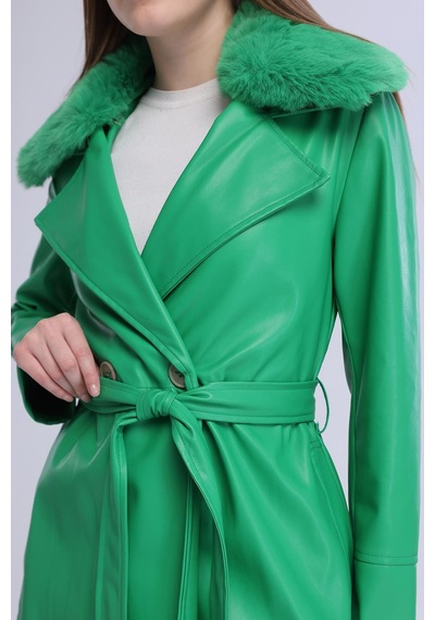 Selectmoda Kadın Peluş Yaka Deri Görünümlü Uzun Kaban Yeşil
