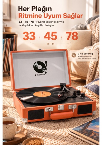 Kensa Bluetooth Lu Nostaljik Çantalı Pikap 33/45/78 Devir Dahili Bataryalı Plak Çalar ...