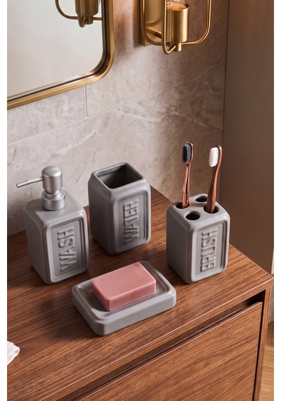 Perotti 13891 Well Stoneware 4 Parça Banyo Seti Gri Grı