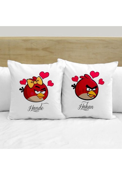 Kişiye Özel İkili İsimli Love Birds Beyaz Yastık Kılıfı