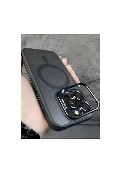 Fibaks iPhone 14 Pro Max Uyumlu Kılıf Standlı Mat Magsafe Metal Tuşlu Kamera Lens Hediyeli Wonk Kapak Siyah