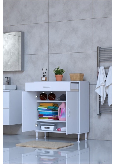Eliusta Taha 85 Cm 3 Bölmeli Beyaz Çok Amaçlı Dolap 2 Raflı Banyo Mutfak Dolabı 85x88x32,5 Cm Düzenleyici Beyaz