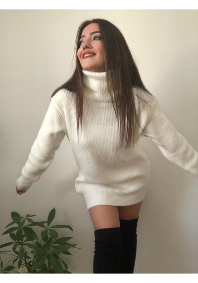 Kadın Beyaz Balıkçı Yaka Selanik Örme Triko Kazak Tunik Krem