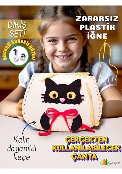 Çocuklar İçin Keçe Çanta Dikiş Seti Siyah Kedi Tasarımlı Çocuk Hobi Kiti