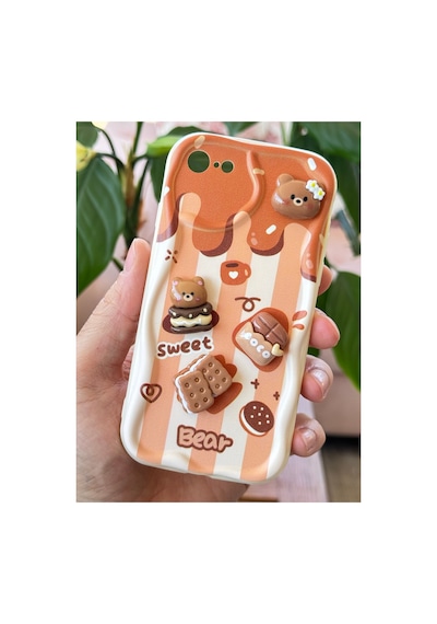 Fibaks iPhone 7/8/se Uyumlu Kılıf Tasarımlı Desenli Kamera Korumalı Ayıcık Bisküvi Renkli Cofffe Silikon
