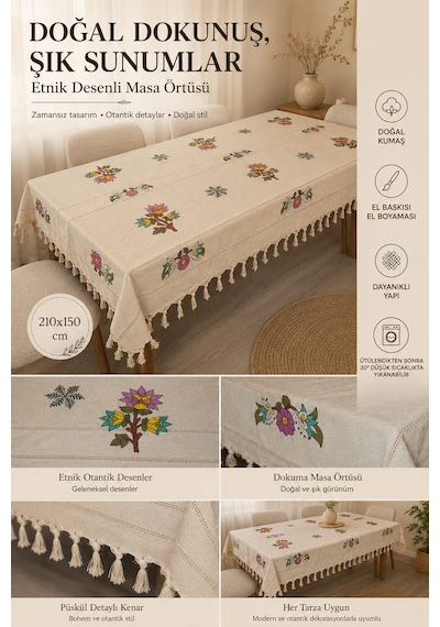 Çiçek Desenli El Baskısı El Boyaması Masa Örtüsü 150x210 Beyaz
