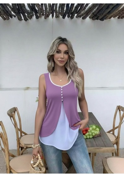İkales Kadın Askılı Önden Düğmeli Asimetrik Detaylı Çift Renkli Viskon Bluz Mor