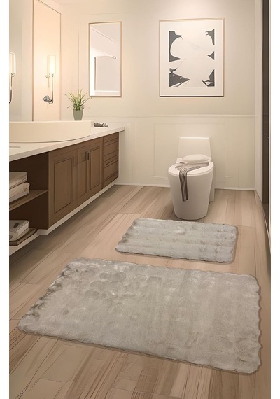 Bubble Tavşan Tüyü, Kaymaz Taban, Pofuduk, Ultra Lüks, Yıkanabilir 2'li Banyo Paspası Camel Çok Renkli