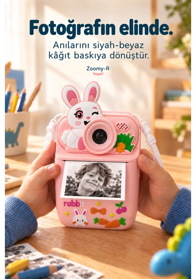 Kj/zm-003 Zoomy-r Tavşan Figürlü Anında Baskılı Çocuk Fotoğraf Makinesi, Çift Kamera, 2,4 İnç Ekran, 1080p Video, 3+ Yaş Pembe