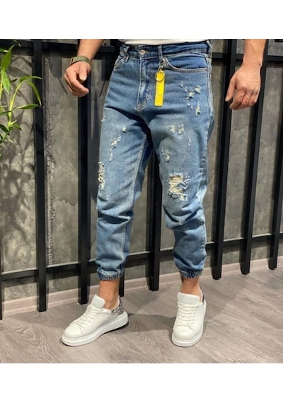 Erkek Paçası Lastikli Boyfriend Kot Jogger Pantolon (491079092)
