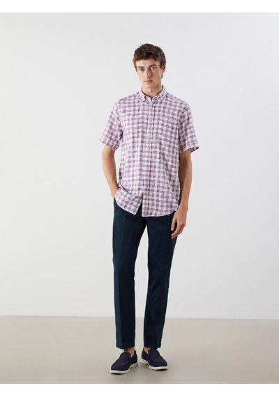 Lcwaıkıkı Classic Bordo Regular Fit Kısa Kollu Ekose Armürlü Erkek Gömlek