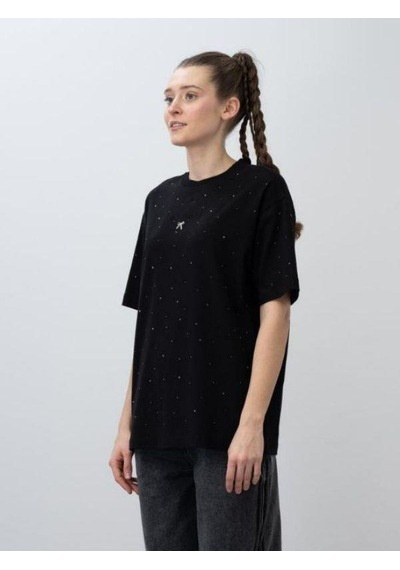 Zekids Kız Çocuk Taşlı Fiyonk Nakışlı Oversize Tshirt-15527 Siyah