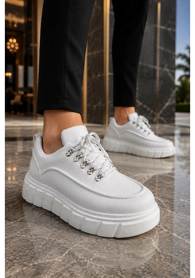 Mevese Duolc Bağcıklı Cilt Erkek Günlük Rahat Taban Sneaker Ayakkabı - Beyaz