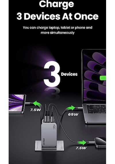 Ugreen Nexode Pro 100 W QC PD Type-C 2xUSB-C 1xUSB-A Gan Hızlı Şarj Cihazı Uzay Grisi