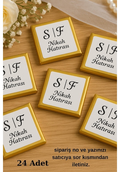 24 Adet Gold Detaylı Kişiye Özel Stickerlı Sütlü Çikolata - Nikah Hediyesi - Nişan Çikolatası