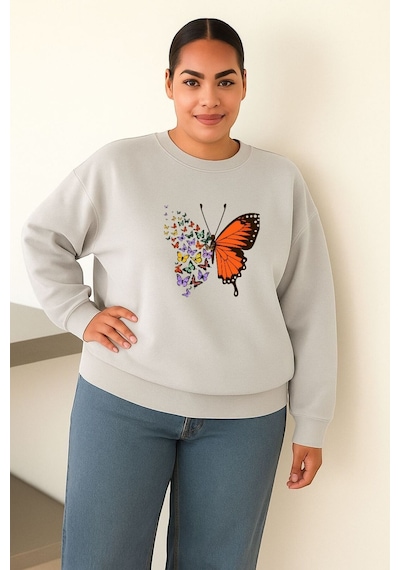 Benroma 3 İplik Penye Kelebek Baskılı Büyük Beden Unisex Sweatshırt Gri