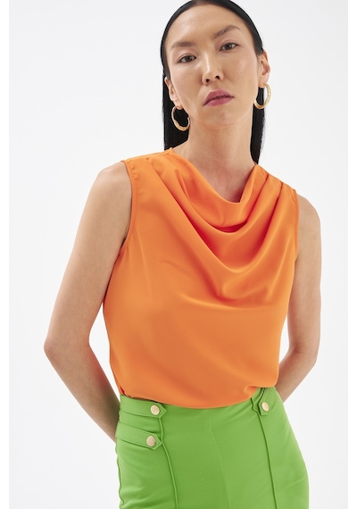 Sateen Degaje Yaka Kolsuz Bluz - Oranj
