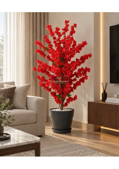 Kırmızı Bahar Dalı 150 Cm Siyah Plastikt Saksıda