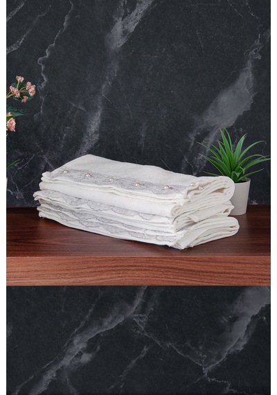 % 100 Pamuklu Kadife Güpürlü İnci Işlemeli 6 Lı Çeyizlik El Yüz Havlu Seti - 30x50 Cm - 04466 - Gri Gri