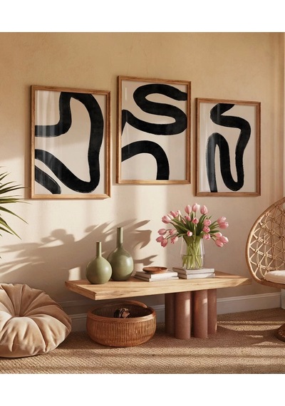 Çerçevesiz Poster Modern Monokrom Soyut 3'lü