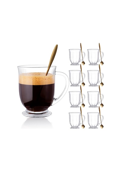 Tr Cam Kahve Kupaları 8'li Set, 15oz Kulplu Büyük Kapasiteli Cam Kahve Kupaları, 8 Kaşıklı Şeffaf Kahve Kupası, Diğer