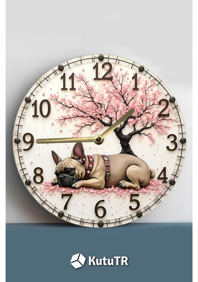 Sakura Ağacı Ve Fransız Bulldog Temalı Mdf Duvar Saati 33 Cm Sdw325 Renkli