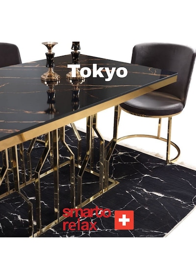 Smarto Relax Tokyo 2'li Yemek Masası Sandalye Seti - Metal Ayaklı, Siyah Kumaş Bej & Kahverengi